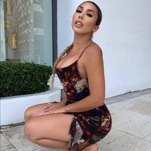 Multi Mesh Renaissance Print Ruched Bodycon Dress